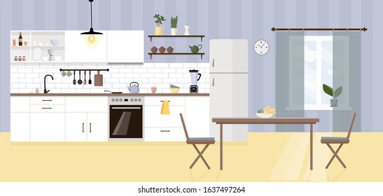 Interior of a modern kitchen in a flat style, vector. White kitchen unit with various cooking utensils.