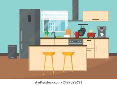 Interior of modern kitchen with furniture and appliances. Vector illustration.