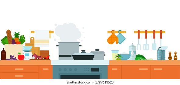Interior modern kitchen with furniture and built-in appliances vector illustration in a flat design.