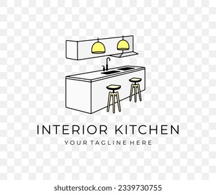 Interior of modern kitchen, living room, home and house, colored graphic design. Exterior, furniture, table, kitchen island, crockery, lamps and cabinets, vector design and illustration