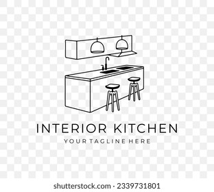 Interior of modern kitchen, living room, home and house, linear graphic design. Exterior, furniture, table, kitchen island, crockery, lamps and cabinets, vector design and illustration