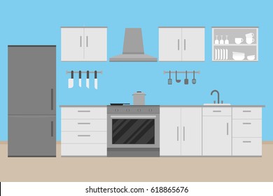 interior modern kitchen room with black and white tone design.vector and illustration