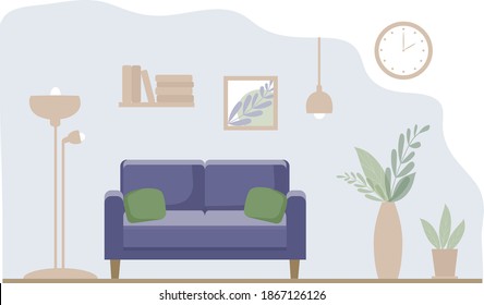 Interior of a modern living room. Apartment with a cozy sofa, floor lamp, shelves with books and home flowers in a pot. Paintings and clock on the wall. Flat vector illustration