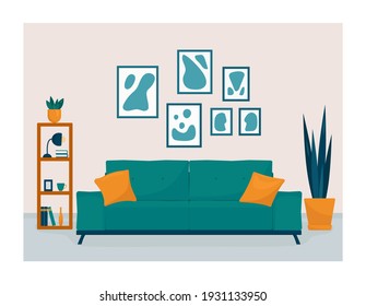 Interior modern living room with bookcase,sofa, houseplant. Home illustration with sofa, lamp, house plants in pots, books on shelves. Flat vector illustration isolated on beige background