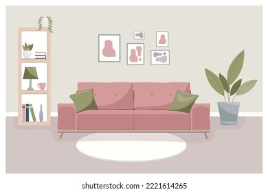 Interior modern living room with bookcase,sofa, houseplant. Home illustration with sofa, lamp, house plants in pots, books on shelves. Flat vector illustration isolated on beige background