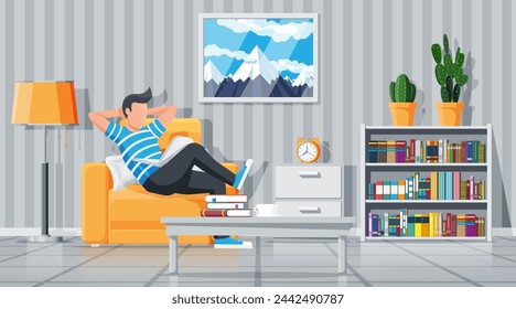 Interior of modern living room. Freelancer on sofa working at home with laptop. Man chilling on armchair. Hipster character in jeans and t-shirt. Lamp, library, plant. Flat vector illustration