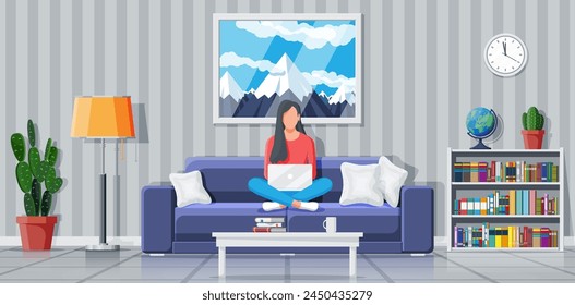 Interior of modern living room. Freelancer on sofa working at home with laptop. Woman chilling on armchair. Hipster character in jeans and t-shirt. Lamp, library, plant. Flat vector illustration