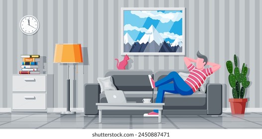 Interior of modern living room. Freelancer on sofa working at home with laptop computer. Man chilling on couch. Hipster character in jeans and t-shirt. Flat vector illustration