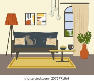 Interior of a modern living room with furniture. Sofa with a coffee table, floor lamp and paintings. Window with a curtain. Flowers in pots. Kitten on the sofa. Vector illustration