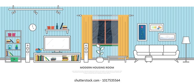 Interior of a modern living room in a linear style. Vector illustration