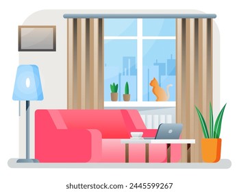 Interior of modern living room. Sofa, plant, desk with laptop, lamp. Cat sitting on window with curtains. Home decor in minimalistic design. Flat style vector