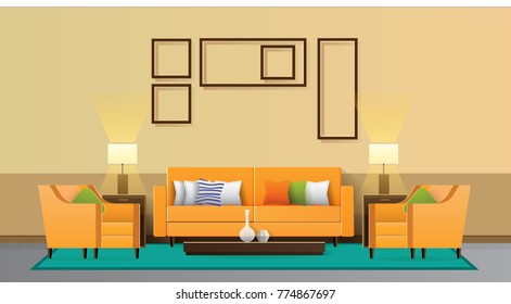 Interior of modern the living room with sofa, table, lamp, window in brown wall  Vector Illustration.