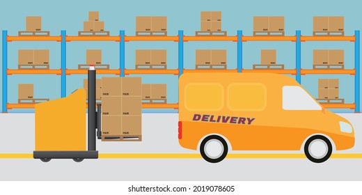 Interior of modern logistic warehouse. AGV Automated Guided Vehicles forklift loading goods to delivery truck. Vector and illustration design.