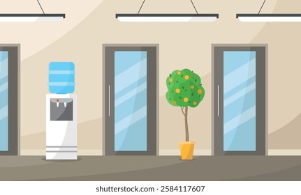 Interior of a modern office corridor with doors, water cooler, orange tree. Commercial real estate.