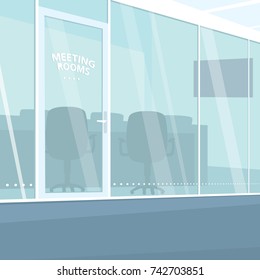 Interior Of Modern Office Corridor With View Of Meeting Rooms With Glass Walls. Three Quarter View. Simplistic Realistic Comic Art Style. Vector Illustration