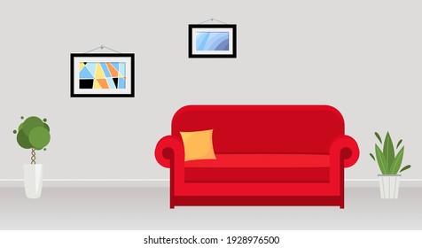 Interior of modern office with red sofa, abstract paintings and plants. Living room with sofa. Vector illustration  in flat style.  