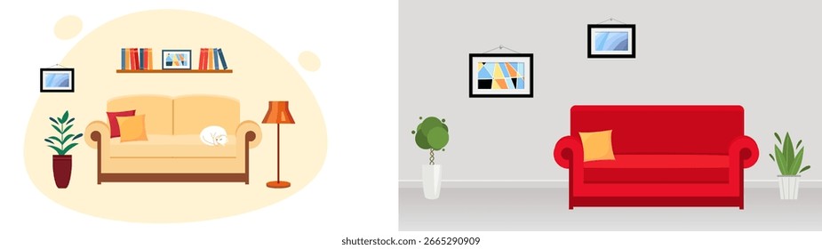 Interieur eines modernen Büros mit rotem Sofa, abstrakten Gemälden und Pflanzen. Wohnzimmer mit Sofa. Vektorgrafik im flachen Stil.  