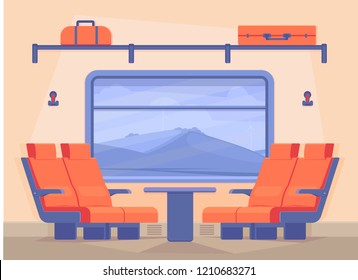 Interior Of A Modern Passenger Train Inside. Nature Landscape In Window. Traveling By Train Along The Rail Road In Comfort. Vector Flat Illustration.