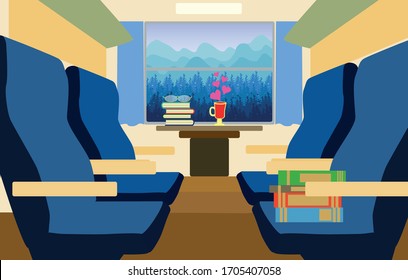 Interior de un moderno tren de pasajeros en el interior. El paisaje natural en la ventana. Viajar en tren por la carretera ferroviaria en confort. ilustración plana.