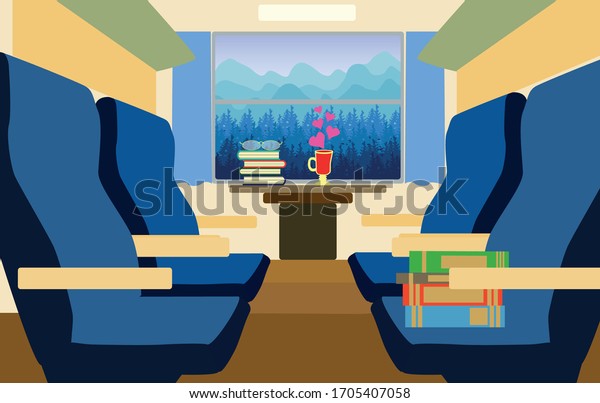 Interior of a modern passenger train\
inside. Nature landscape in window. Traveling by train along the\
rail road in comfort. flat\
illustration.