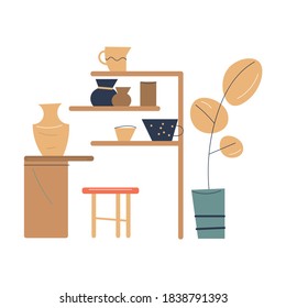 Interior of modern pottery studio with tools and equipment for making ceramics from clay