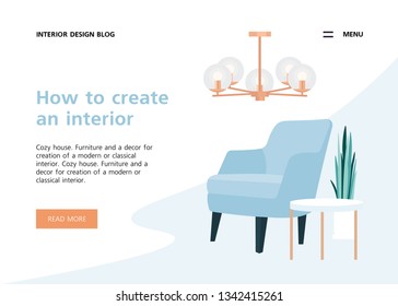 Interior of the modern room. Design and furniture. A website concept about design and repair. Vector flat illustration