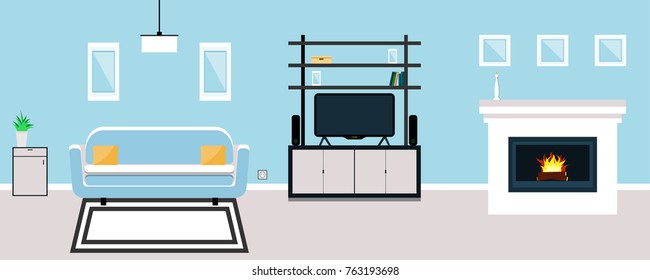 Interior modern room. TV stand, fireplace and sofa