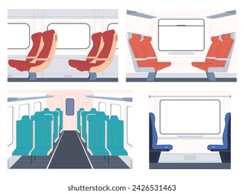 El interior de un moderno vagón de tren. Viaje en tren. Asientos cómodos en el tren. Ilustración de vector