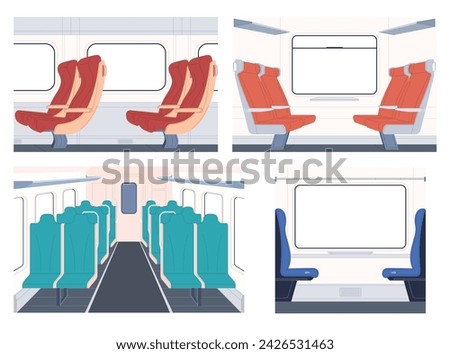 The interior of a modern train car. Railway journey. Comfortable seats in the train. Vector illustration