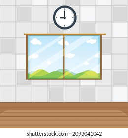 Interior Modern Wooden Floor Room With Window and Clock on the wall. Vector illustration.

