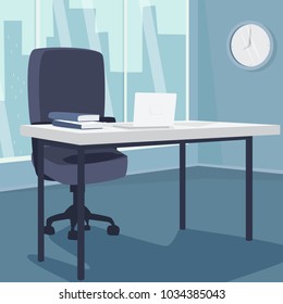 Interior of morning workplace with view of city, office in metropolis. White laptop on desk, next to armchair. Three quarter view. Simplistic realistic comic art style. Vector illustration