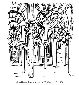 Interior of Mosque Cathedral of Córdoba with columns and arches. Cathedral of Our Lady of the Assumption or Mezquita. Hand drawn linear doodle rough sketch. Black and white linear silhouette.