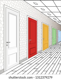 Interior of multi-colored doors on a white background. Illustration of a long corridor. Concept of infinite opportunities for success and toughness of choice. 3d rendering. Hallway illustration