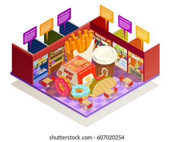 Interior multiple food vendors counters elements with common area for self-serve dinner colorful isometric composition vector illustration 