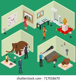 Interior Museum Exhibits Galleries Isometric View Culture Industry Concept with Visitors and Staff. Vector illustration of Exhibition Gallery