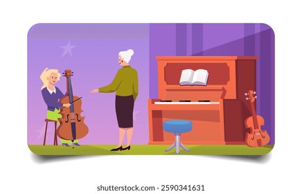 Interior music classroom with piano, teacher and student playing cello. Music education and teaching theme. Flat cartoon style. Vector illustration. Background.