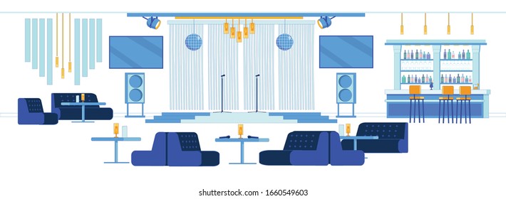 Interior Music Club with Live Music, Cartoon. There is Large Stage in Center, Disco Balls on Ceiling, Large TV on Walls. Karaoke Bar with Bar. On Tables are Microphones for Karaoke.