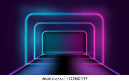 Interior with neon lamps blue and pink cyberspace design.Modern light technology and science vector.