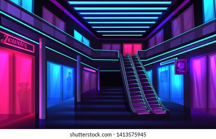 Interior Of Neon Mall. A Vector Illustration Of Scene Inside Shopping Store At Night. Black Friday Big Sale Vector Cartoon Illustration