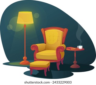Interior night house armchair with floor lamp poufik and table with book, cozy place for reading