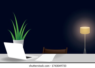 Interior at night office at home with IT equipment and online communications. Working from home and remote access concept. Vector illustration design.