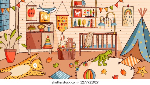 Interior of nursery or baby room full of furniture and home decorations - crib or cot bed, carpet, shelf, houseplant, flag garlands, children s toys scattered on carpet. Cartoon vector illustration.