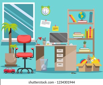 Interior nursery. Boy's room with table, computer, bookshelf,toys in boxes. Flat cartoon vector illustration.Cozy interior of children's room with toys, furniture, window. Teenager room with workplace