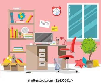 Interior nursery. Girl's room with table, computer, bookshelf,toys in boxes.Flat cartoon vector illustration.Cozy interior of children's room with plant, furniture, window.Teenager room with workplace