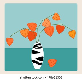 Interior objects in 1950s retro style, abstract vase with winter cherry (Physalis, chinese lantern), minimalism, kitsch, flat design, print for card, invitation, poster, banner, textile, vector EPS 8