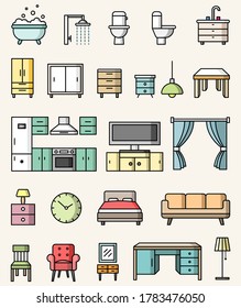 Interior objects flat style colorful icons vector set