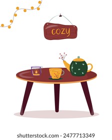 Interior objects. Table and teapot, mug. Cozy. Flat vector style illustration