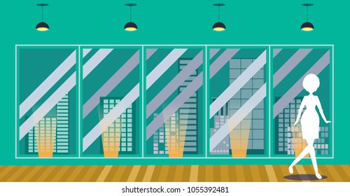 Interior office with businesswoman working. business office building concept design. Flat style vector illustration.