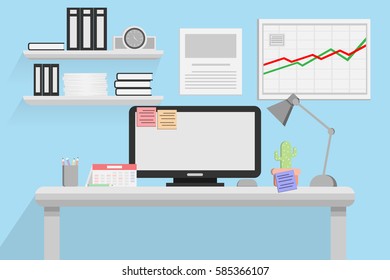 Interior office with computer with short note for work and calendar cactus lamp on the table.So on the blue wall have book shelf.next have and paper work and graph.vector and illustration