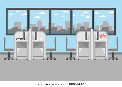 interior office design with desk on the blue room and window with white cloud and city.vector and illustration